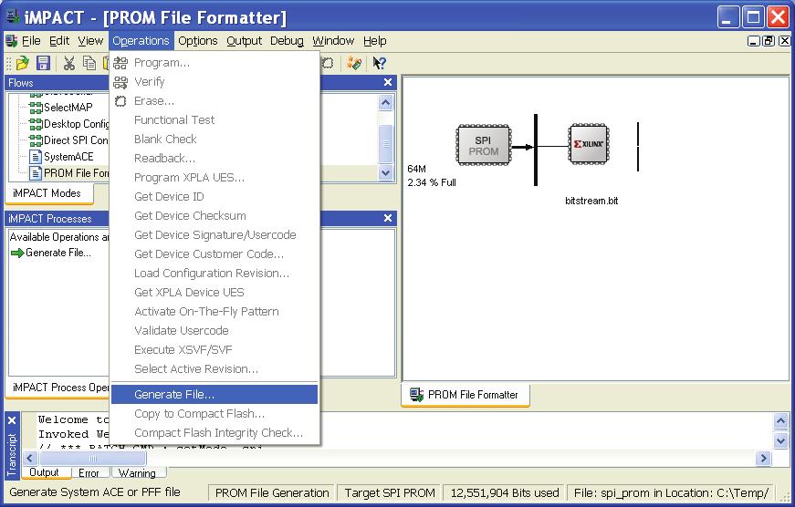 Software Flows for SPI File Preparation and Programming X-ef Target - Figure 12 X951_12_111706 Figure 12: Generate File Menu Using the ISE impact Software to In-System Program SPI POMs In prototype