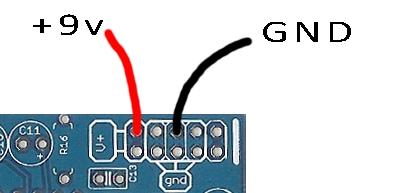 Power: The POWER connections are located in the upper right corner of the PCB. Solder the 9v battery cable to the PCB. The red cable in the +9v hole, the black cable in one of the 6 GND holes.