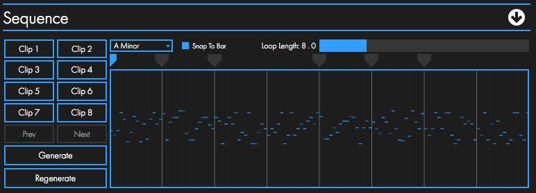 Sequence Section The sequence section is where you can generate loops, set up the chord sequence, and store clips to use later.