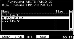 The UTILITY page will be displayed When a disk is inserted into the CD drive, you will see EMPTY DISC in the 'Disk Status' field, as well as (R) or (RW) indicating whether the disk is a recordable