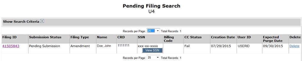 Retrieving Pending Filings (continued) Click the Filing ID hyperlink to continue working on the filing.