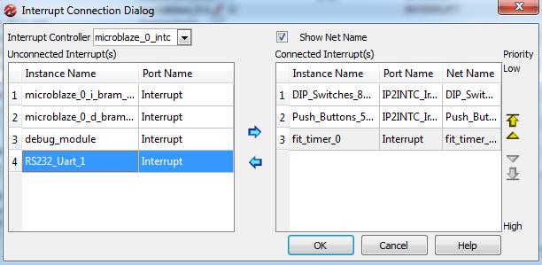 Now add the fit_timer_0 (the instance name of the inserted FIT) Interrupt output by selecting it and clicking the top blue arrow to move it over to the list of connected interrupts.