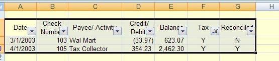 Each cell will have a drop-down menu associated with it in the lower right portion of the heading cell. Clicking on the down arrow in the payee cell, the menu displays the entries made into column C.