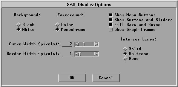 Part 2. Introduction Setting Display Options To improve presentation output, SAS/INSIGHT software provides display options. Choose Edit:Windows:Display Options to produce the display options dialog.