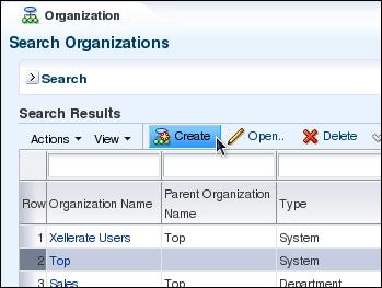 b. To create the Finance organization, use the following steps: 1) On the Organizations page, click Search or click the Refresh icon, select the Top