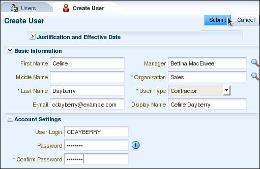 c. Close the User Details: Celine Dayberry tab page. 7. To create the user Constantine Drenan, perform the following steps: a. Return to (or open) the Users tab page, click Create. b.