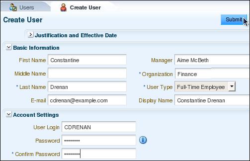 c. Close the User Details: Constantine Drenan tab page. 8. To create the user Clarence Saladna, perform the following steps: a. Return to (or open) the Users tab page, click Create. b.