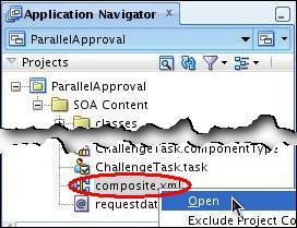 ParallelApproval > SOA Content nodes, and right-click the composite.xml file entry and select Open.