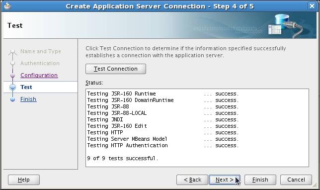 On the Create Application Server Connection Configuration page (Step 3 of 5), enter the hostname (or IP address) of the Administrator Server (for example localhost), the Port (7001) and SSL Port