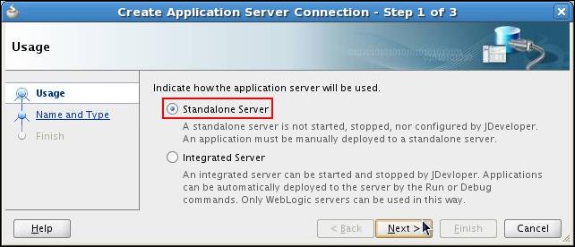 c. On the Create Application Server Connection Step 1 of 3: Usage page, ensure the Standalone Server option is
