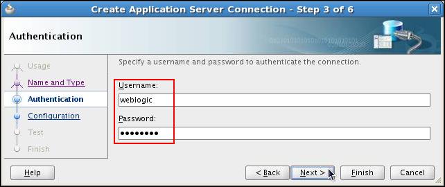f. On the Create Application Server Connection Step 4 of 6: Authentication page, verify Weblogic Hostname contains