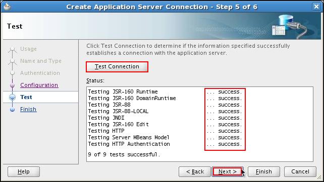 h. On the Create Application Server Connection Step 6 of 6: Finish page, Click Finish. 2.