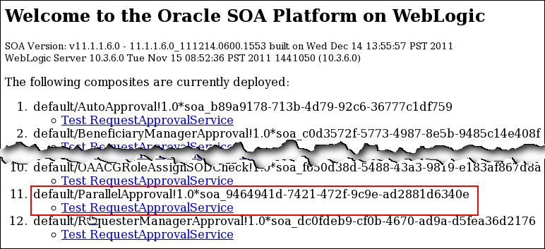 c. On the Welcome to the Oracle SOA Platform on WebLogic page, verify that the ParallelApproval composite appears in the list of deployed composites.