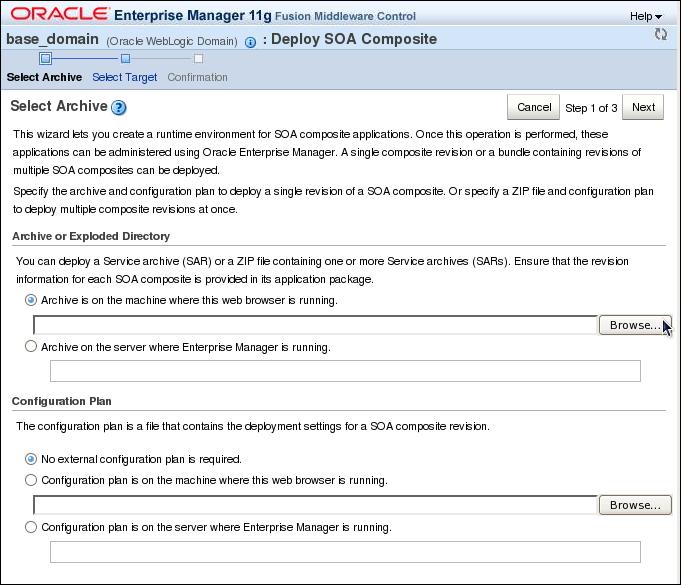 d. On the Oracle Enterprise Manager Fusion Middleware Control > Deploy SOA Composite page, for the Select Archive step, select the