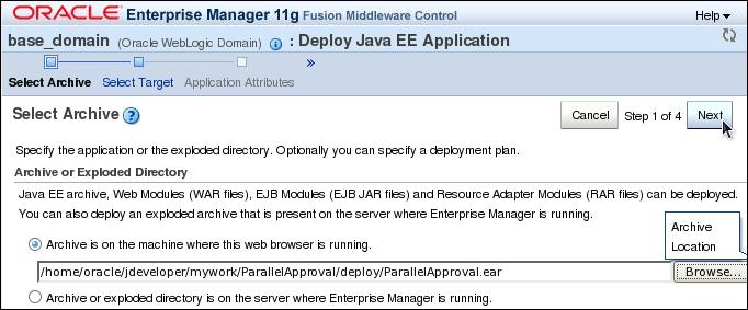 On the Oracle Enterprise Manager Fusion Middleware Control > Deploy Java EE Application