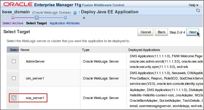 f. On the Oracle Enterprise Manager Fusion Middleware Control > Deploy Java EE