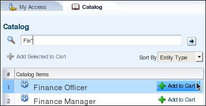 On the Catalog tab page, search for Fin*, and click Add to Cart in row with the Finance Officer role. e.