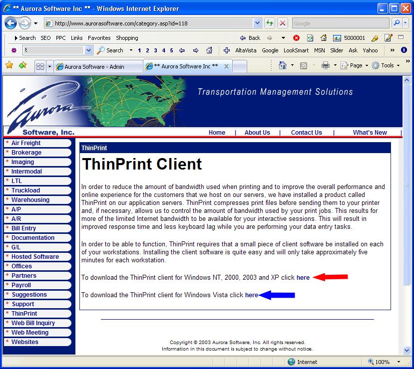 ThinPrint Client Installation Page 3 To download the ThinPrint client for Windows NT, 2000, 2003 or XP, click the link shown by the red arrow.