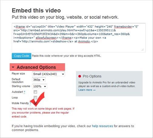 We recommend using Animoto's mobile friendly embed code option. To do this, click Advanced Options and check the Mobile Friendly box. This will modify the embed code that is displayed in the box.