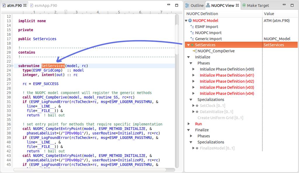 Fig. 3.11: Double-clicking on an element in the NUOPC View outline brings the relevant code segment into focus in the editor. subroutines that are called by NUOPC.
