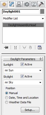 01 _ command panel / modify _ make sure Sunlight & Skylight are set to mr Sun & mr Sky _ click on Manual