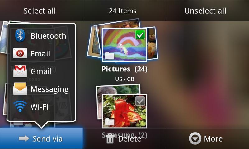 3. From the image folder, touch and hold any desired images to select them (indicated by a green checkmark) and press for options such as Send via (Bluetooth, Email, Gmail, Messaging, and Wi-Fi),