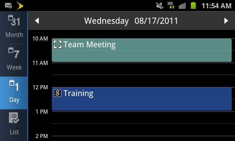 List view shows a list of all your events in chronological order. The color bars on the left side of the events indicate the type of calendar that includes the event.