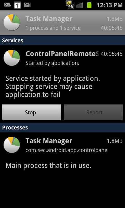 3. Read the Stop system service? dialog and tap OK. These stopped processes are restarted once the device is restarted (power cycled).