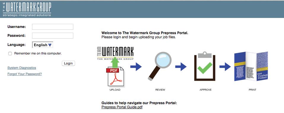 Insite Prepress Portal User Guide 3 Logging In 1. If you do not have an existing InSite user log in and password please register on our site: http://www.thewatermarkgroup.
