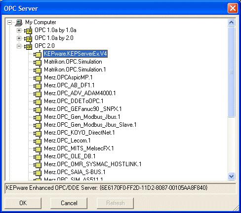 5. Press the Browse OPC Server... button. Browse the list of installed OPC Servers and select the OPC Server you want to access OPC items from.