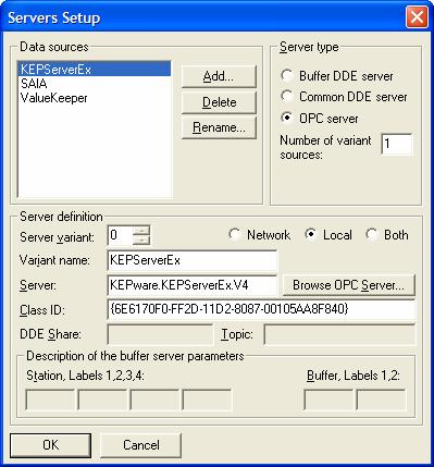 If required, OPC Server supports the DA 1.0, and 2.0 OPC specifications. Choose the communication along OPC 2.0. Select the OPC Server from the list, and press OK.