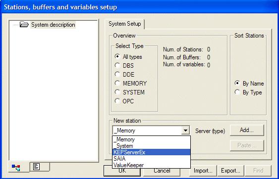 In the dialog, choose the type of new station according to the OPC Server's name (created in the 3 rd step) and create