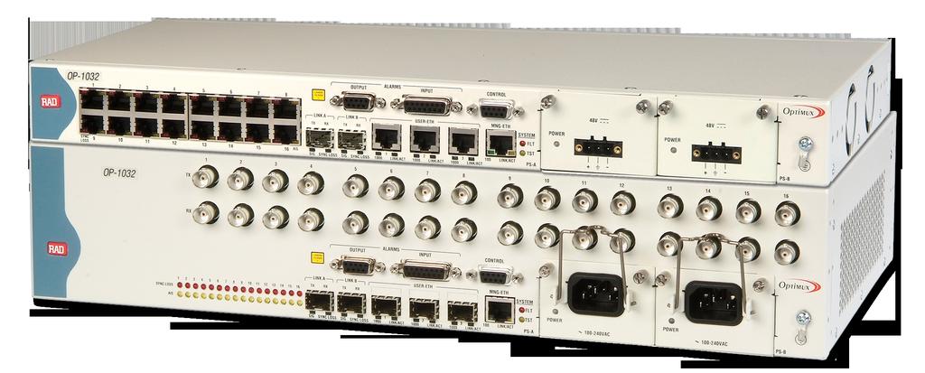 Where to buy > Product page > Data Sheet Optimux-1032, Optimux-1025 Fiber Optic Multiplexer for 16 E1/T1 and Gigabit Ethernet Multiplexes up to 16 E1/T1 with up to 3x10/100/1000 user Ethernet traffic