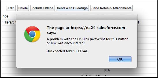 Common Error #2 - OnClick JavaScript Error You may encounter this error when you click the "Send With CudaSign" button.