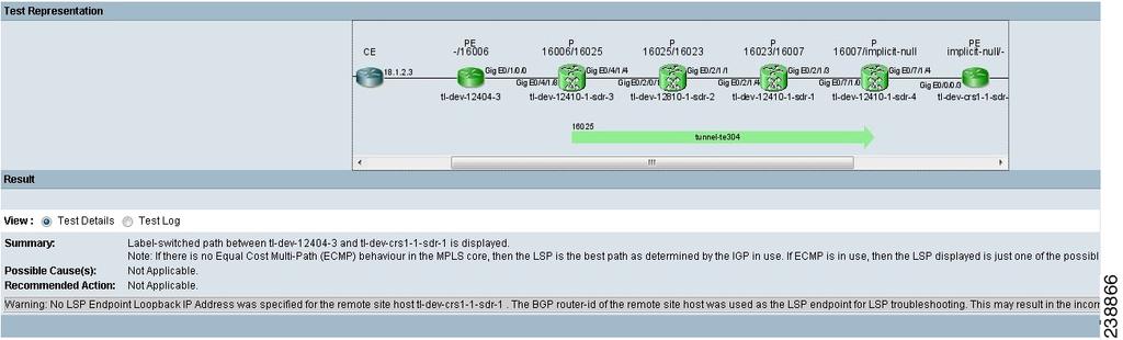 Chapter 11 Using Cisco MPLS Diagnostics Expert Figure 11-24 Test Results Window LSP Visualization The Data Path displays the following for each PE and P device in the tested path: Role (PE or P)
