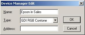 Figure 7: Edit Name in Device Manager Page Setup The Page Setup dialog box contains most of the remaining settings necessary for configuring output devices.