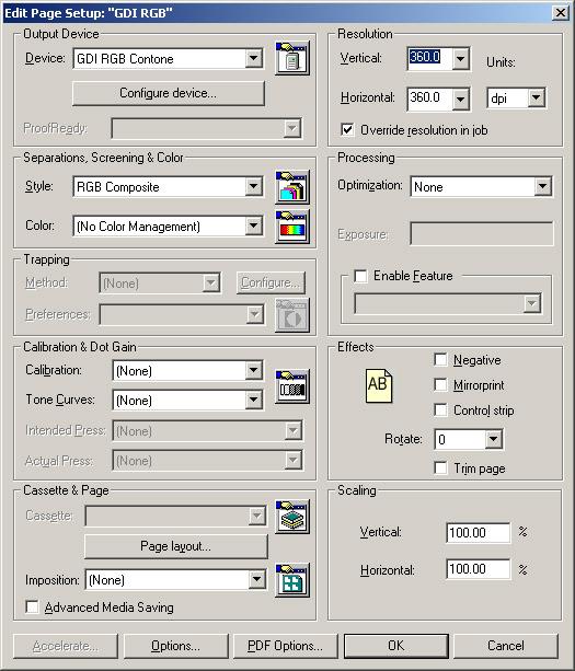 Figure 9: Page Setup Dialog Set the output Device to the Universal Printer Device you wish to use. Figure 9 shows GDI RGB Contone as an example.