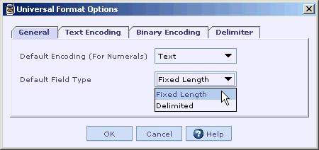 Note that some of the combinations like Binary or Packed Decimal selected in Default Encoding (For Numerals) list box and Delimited selected in Default Field Type list box are not meaningful.