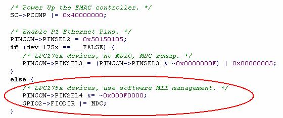 The above code declares the IAP entry and the dev_175x variable which serves as a flag. Then, we need to make the IAP call and check if the device is an LPC175x.