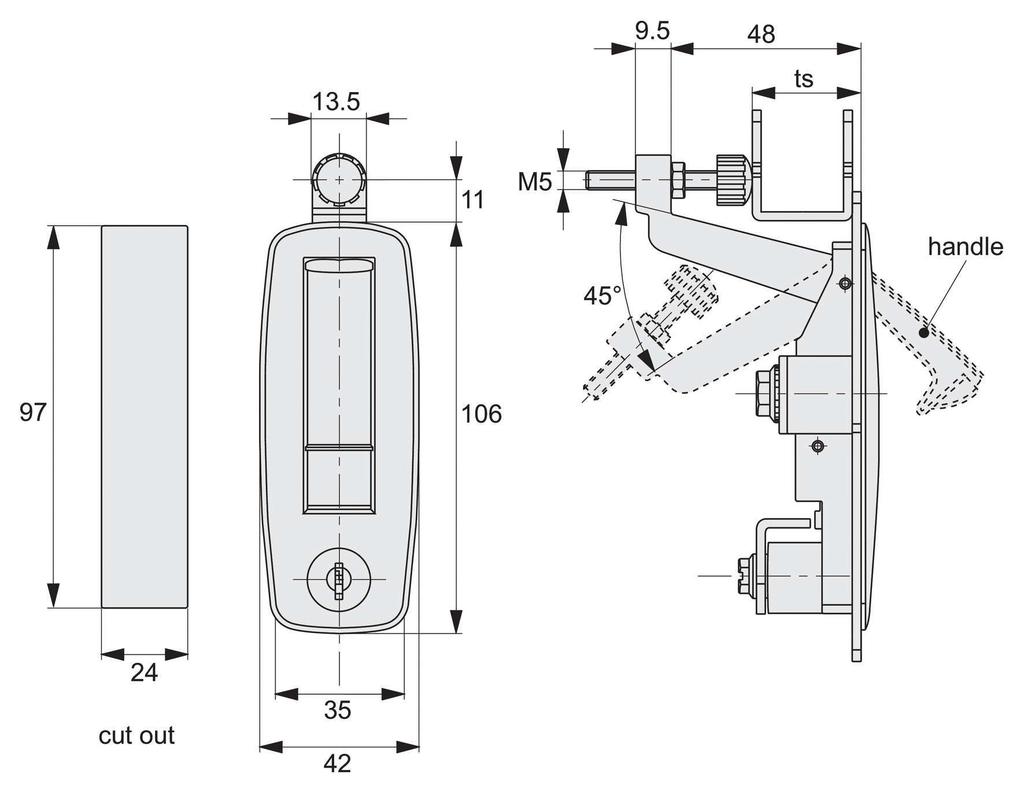 Compression Locks lever latch - adjustable grip - flush trigger - zinc CC1210 Body and handle and button: die cast zinc, black power