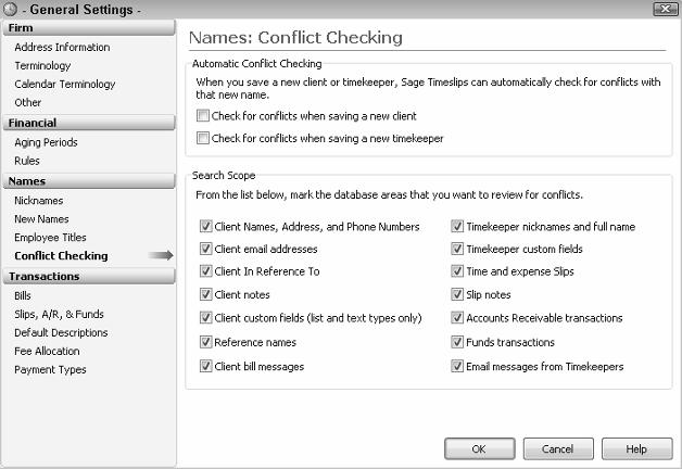 Chapter 1: Setting Up Sage Timeslips 15 Figure 1-7 : Disable automatic conflict checking while you set up your database.