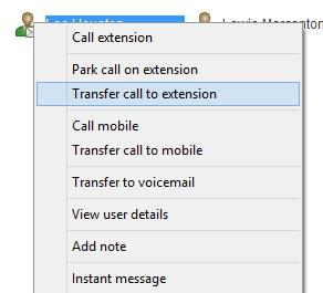 6.5.3 Transfer to Voicemail The option to Transfer to voicemail is valid only for internal company users that have Voicemail assigned and activated. 6.5.3.1 Using Contacts Panel Right Click - Voicemail While on an active call, right click a user in the User Status list and select Transfer to voicemail.