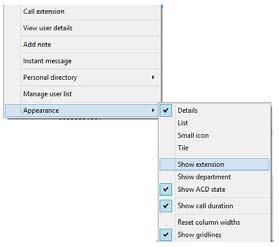 You can also configure Unity to display or hide the extension, department, ACD state and