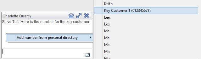 7 Sending Contact Directory Numbers To send another user a number from your Directory right click in the bottom panel where you enter text.