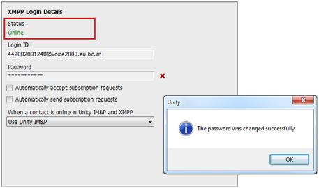 You will be notified once the password has been changed and the XMPP status changed to online, as shown below. 10.