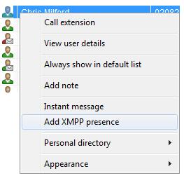 the monitored user changes their presence in UC-One) simply right-click the user and select Add XMPP presence, as shown here.