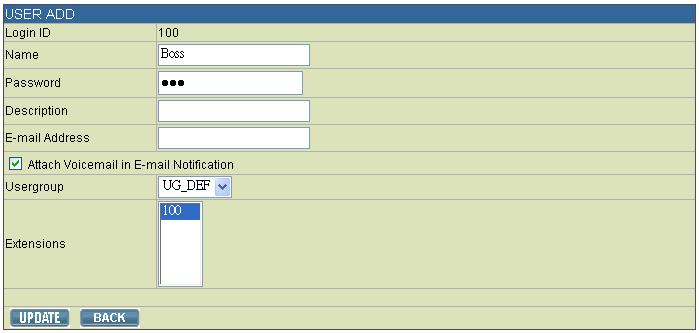 Chapter 4 IP PBX Configuration 4.1.3 Delete a User Select a Login ID. Click DEL. The deleted user shall disappear from the Login ID column. Figure 4-1 User Add Table 4.