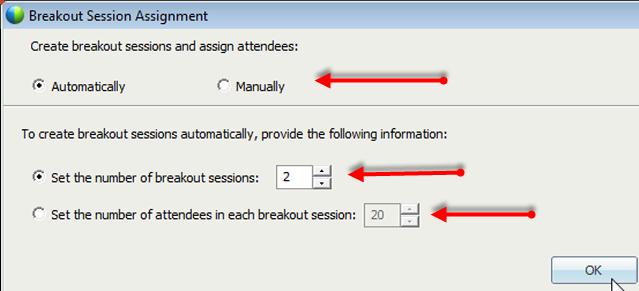 Breakout session attendees can be assigned manually or automatically during the training session. To start the breakout session, from the Breakout menu, click Breakout Session Assignment.