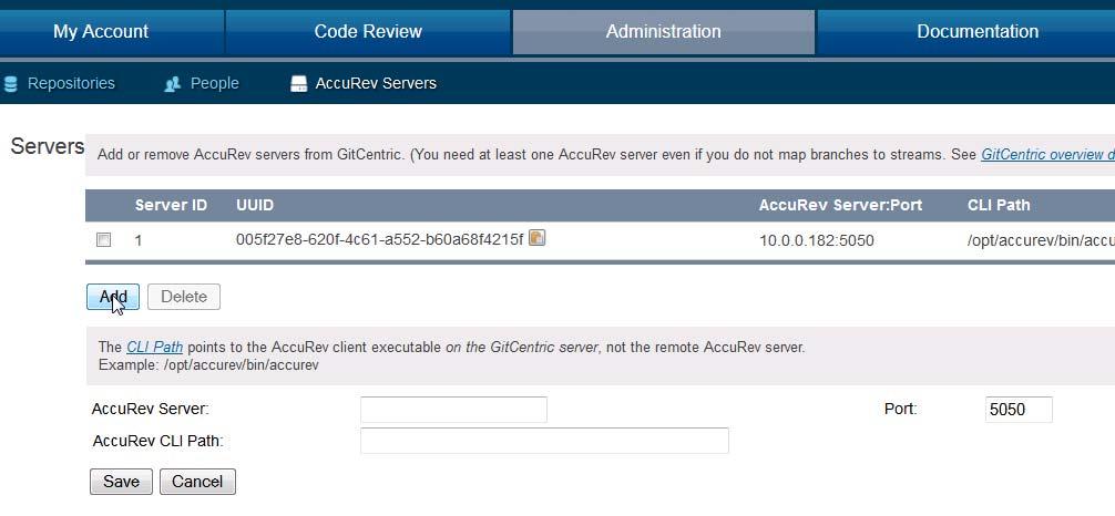 Add an AccuRev Server If the AccuRev server you use for SCM is the same one that the original Administrator user logged into after installation, you may never need to perform the procedures described