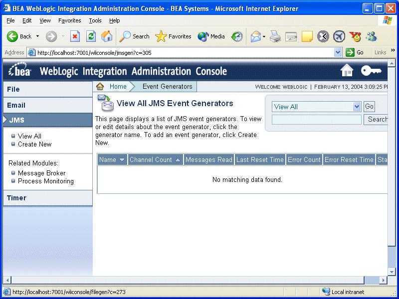 4.0 JCA Integration 4.2.3 Setting up a JMS Event Generator 1. Using the WLI OAM Console, create a new JMS Event Generator to retrieve the JMS messages posted by the Iway JMS Ports. 2.
